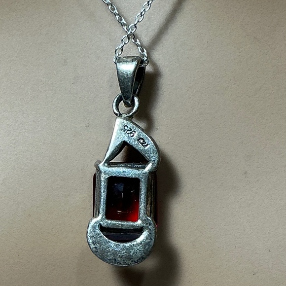 Sterling Silver Necklace with a Red Stone and Marcasite. 19.25 inches long - Picture 4 of 8